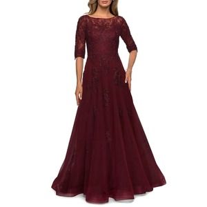La Femme Burgundy Sequin Floral Lace & Tulle Formal Gown Women's 10 Dress $619